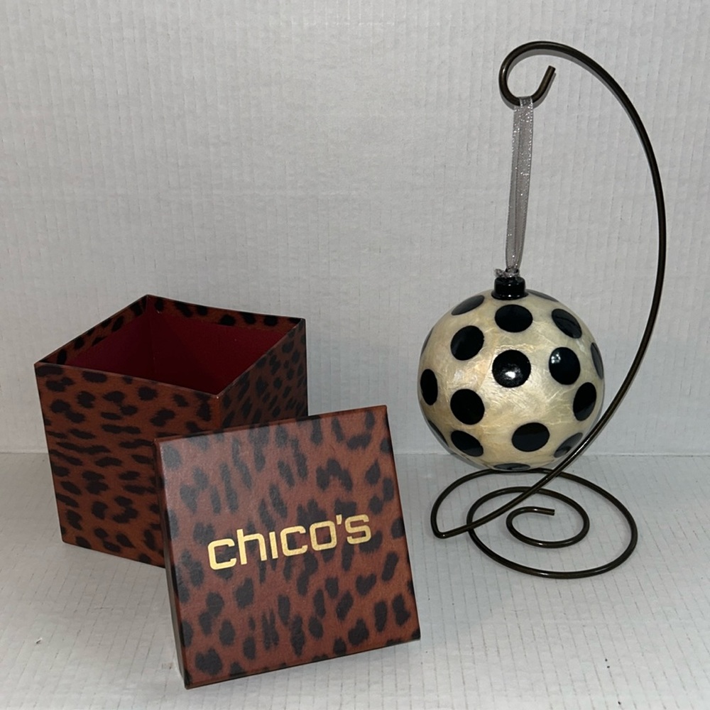 Chico’s Black & Cream Polka Dot Globe Retired Ornament w/Animal Print Gift Box